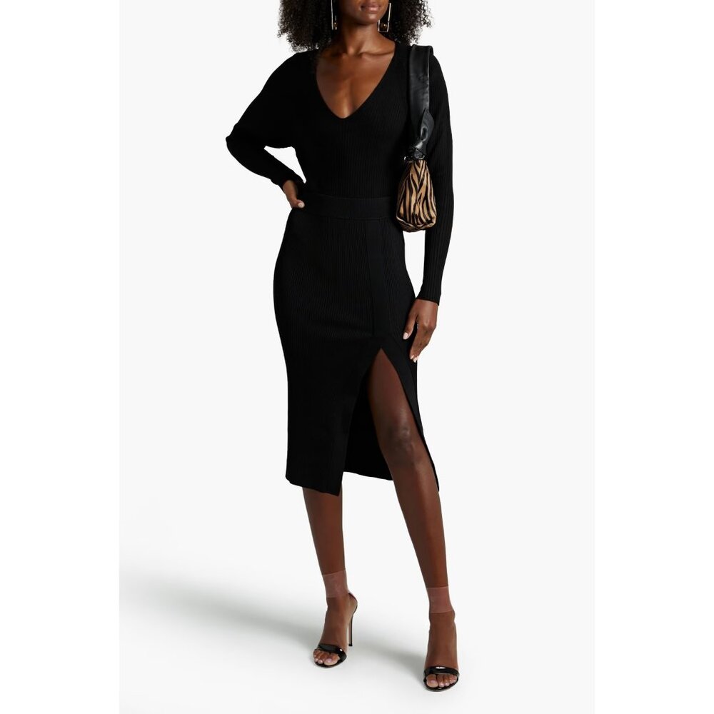 Good American Ribbed Knit Slit Midi Skirt Black High Slit SZ 2 US NEW